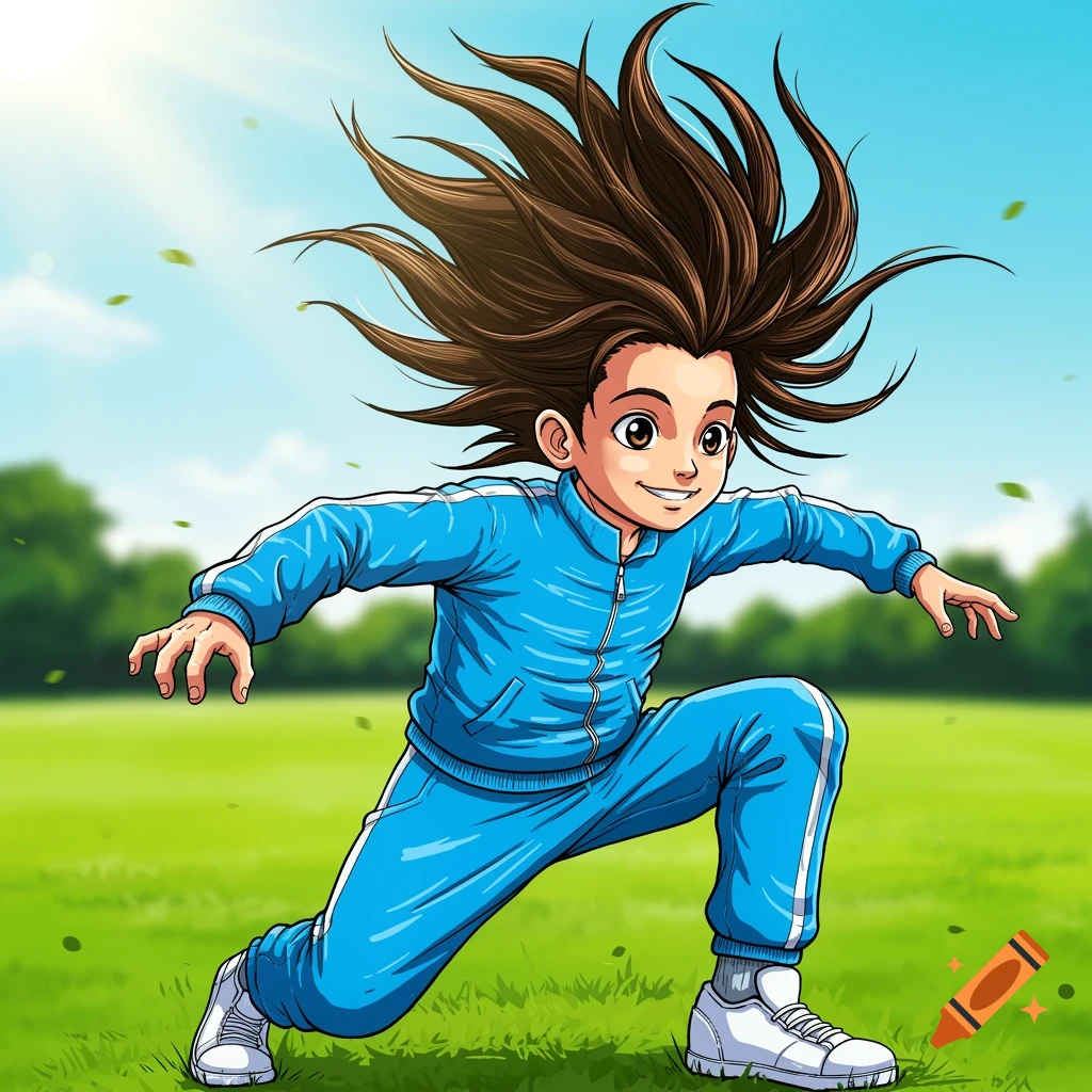 A boy in a blue tracksuit runs across a grassy field with his hair flying, in an anime style.