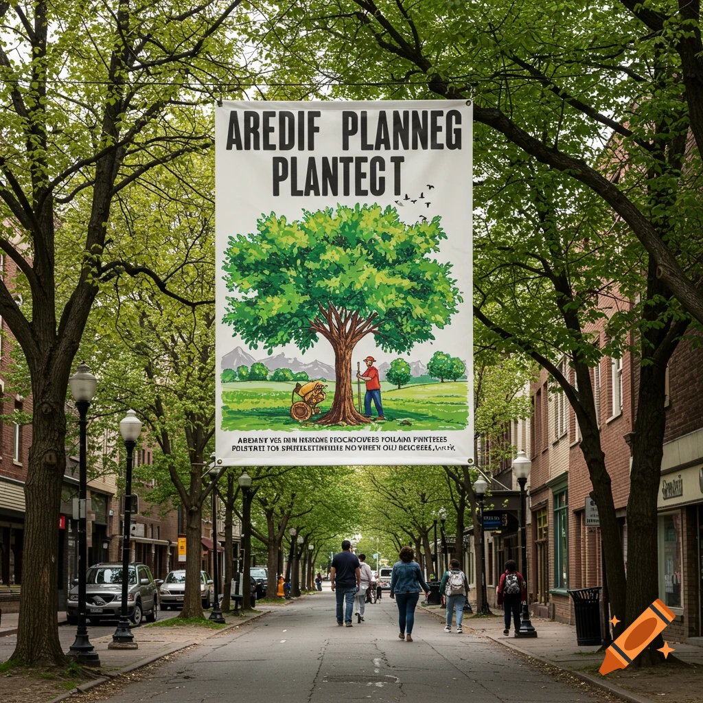 Colorful hand-drawn or digital illustration promoting tree planting with a slogan.