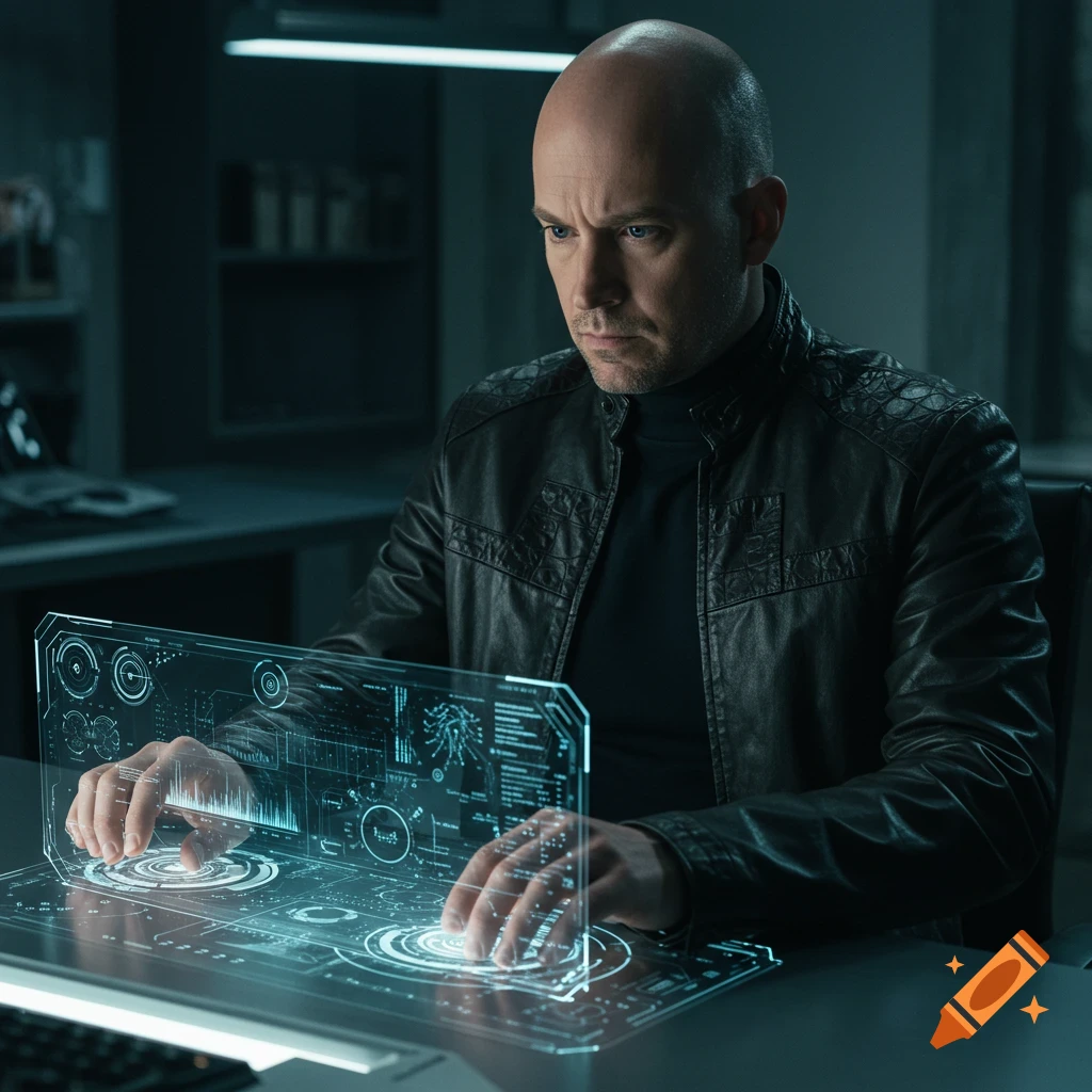 Bald man in leather jacket interacting with a futuristic holographic computer interface in a dark room.