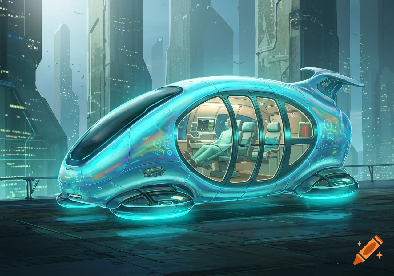 A futuristic blue hover vehicle sits on a street with tall buildings behind it. A person is visible inside.