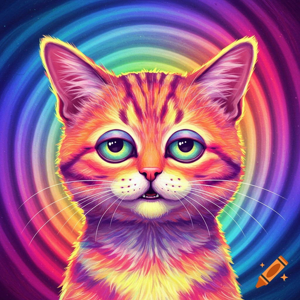 Orange tabby cat with wide green eyes and a dazed expression against a swirling rainbow background.