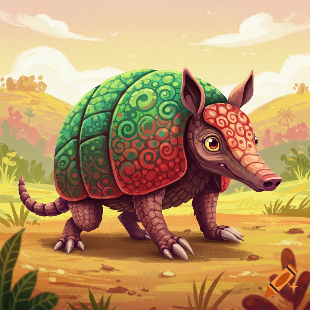 Cartoon armadillo with a colorful shell in a desert landscape.