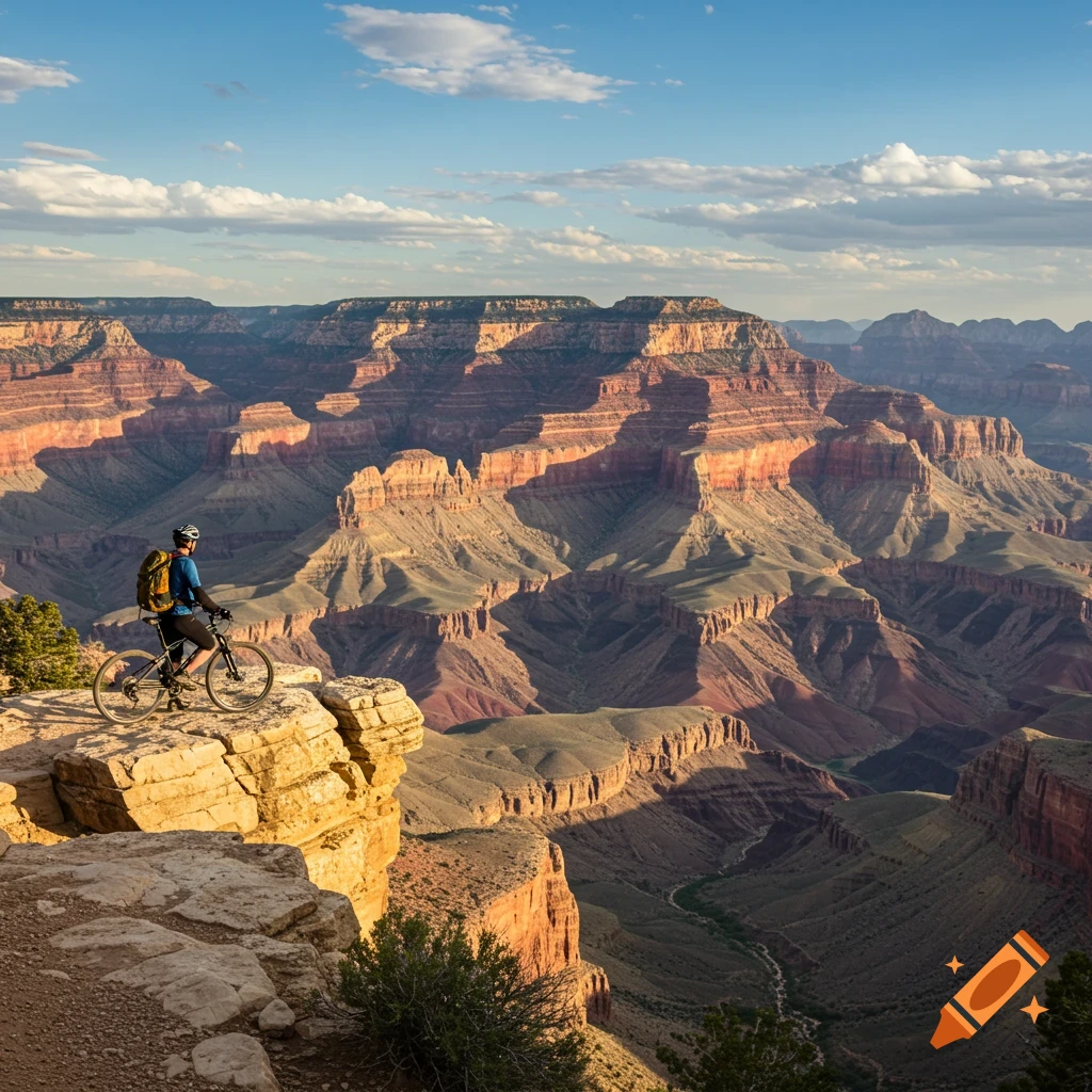 Man on a mountain bike overlooking the vast landscape of the Grand Canyon