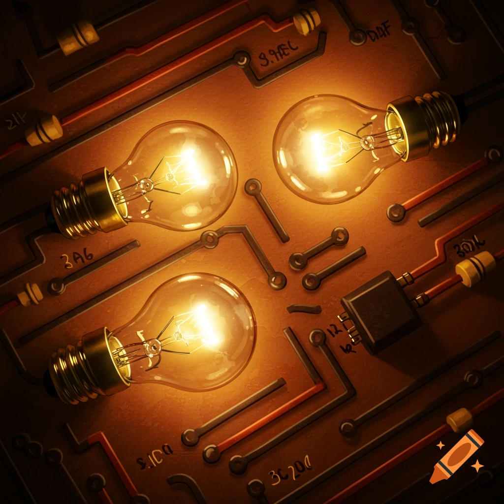 Three glowing light bulbs on a surface resembling a circuit board with wires and components.