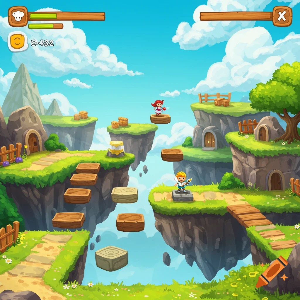 Cartoon fantasy landscape with floating islands, platforms, and two small characters in a platformer video game style level.