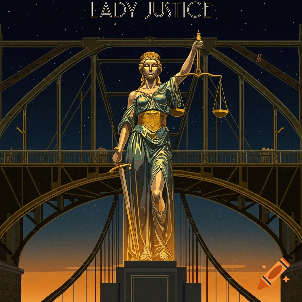 1920s Art Deco Poster of a Bridge and Lady Justice created on Craiyon