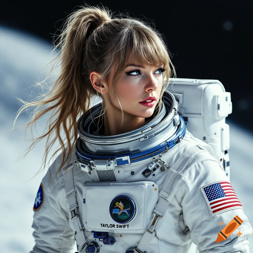 Photorealistic portrait of Taylor Swift in a white astronaut suit with a ponytail against a space background.