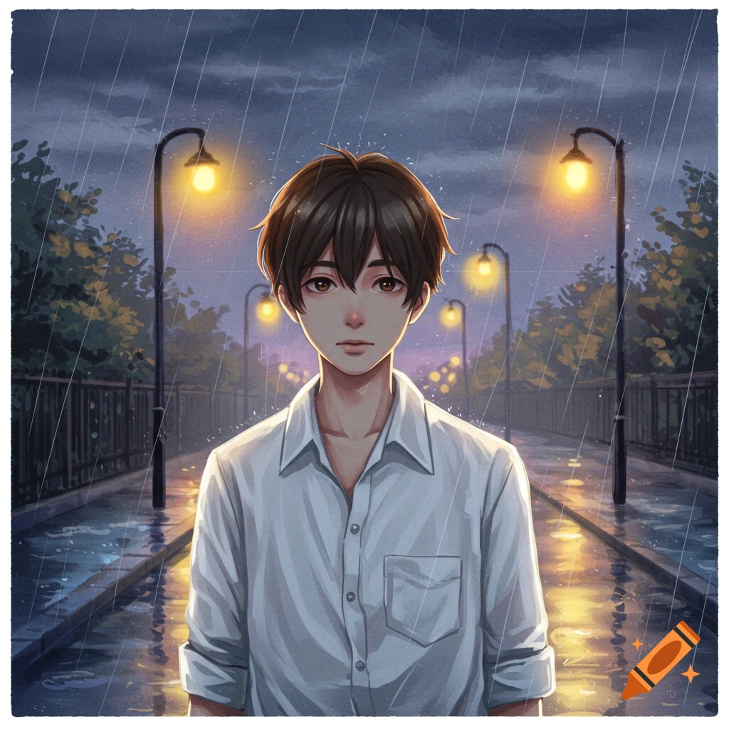 Anime illustration of a young man standing in the rain under street lights at night.