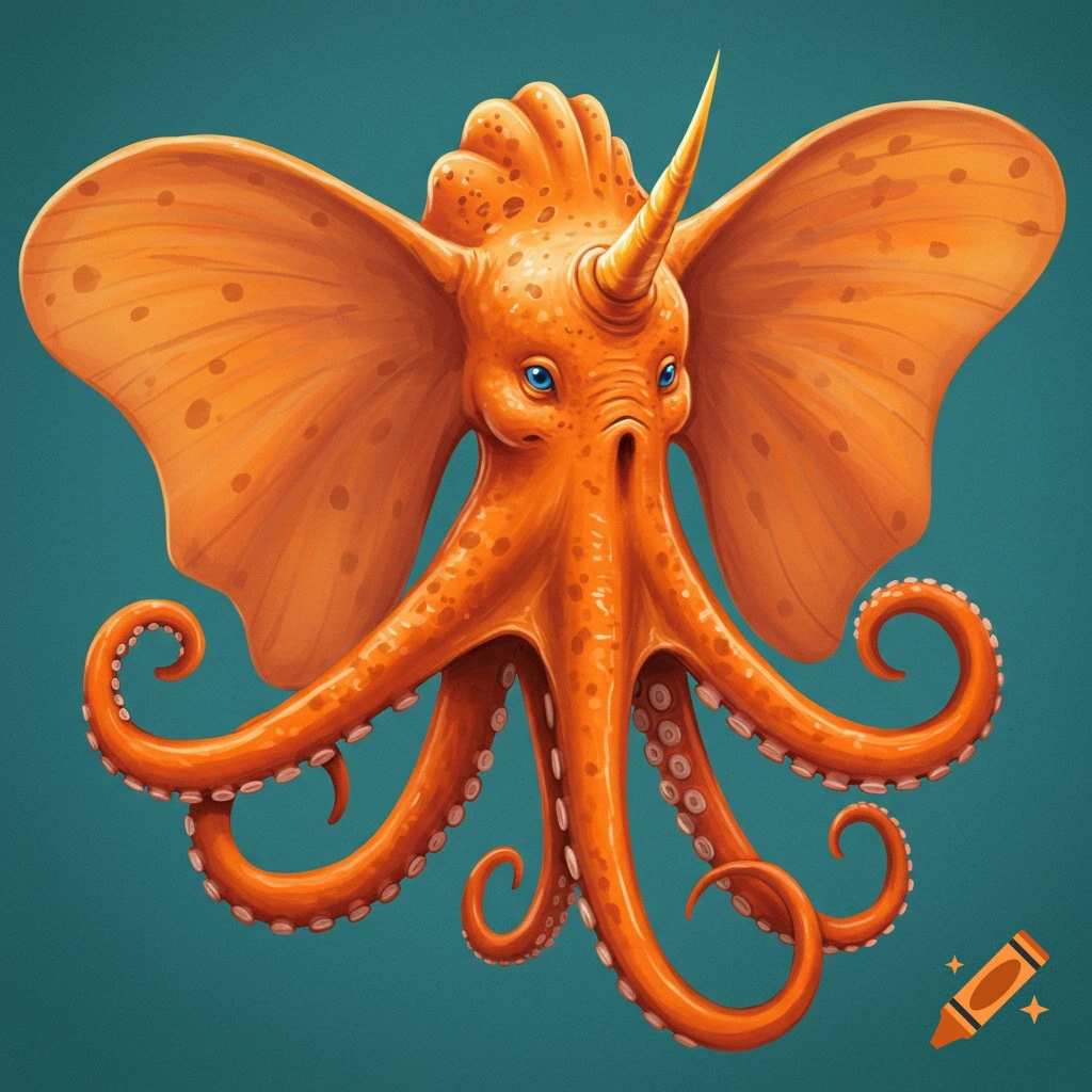 Orange octopus-elephant creature with a horn and elephant ears, illustration