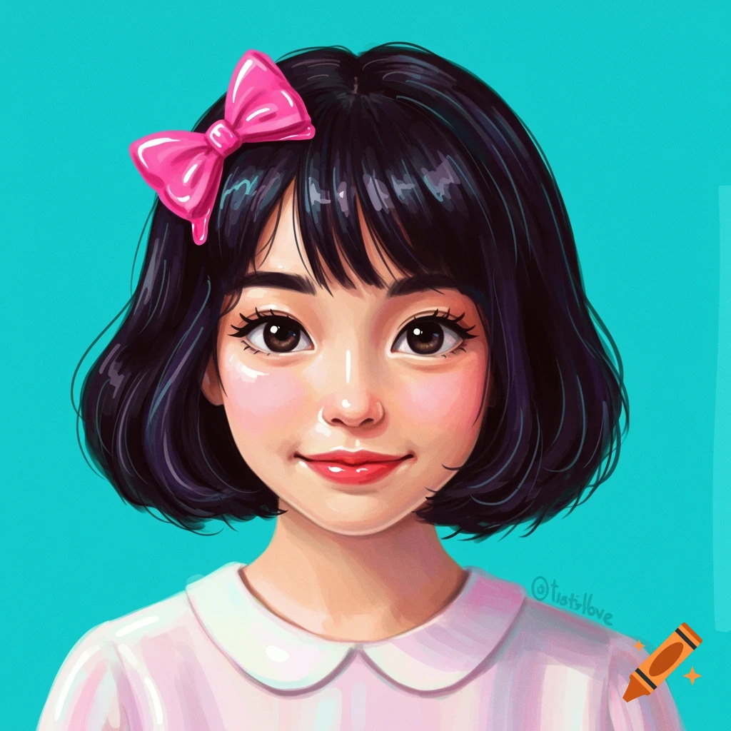 Digital illustration of a girl with short black hair and a pink bow