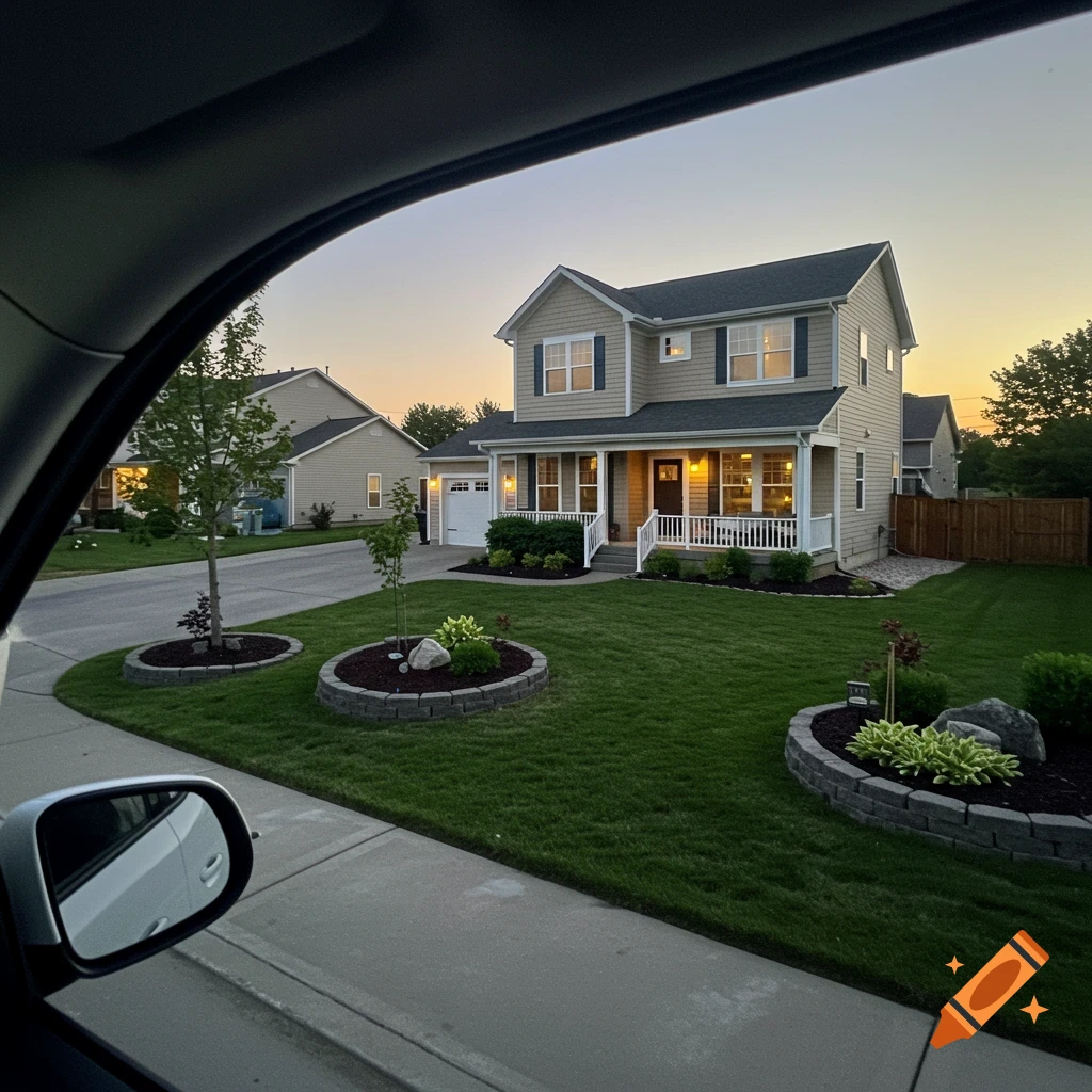 A suburban house at sunset, seen from inside a car with landscaping in the foreground.