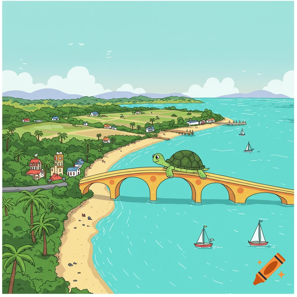 Cartoon illustration of a turtle crossing a bridge over a bay with houses and trees on the shore.