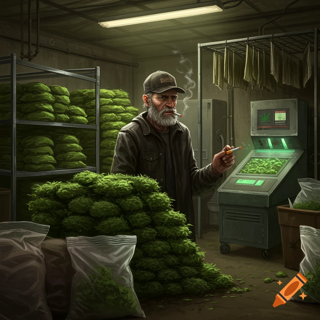 A man in a cap smokes in a room filled with cannabis buds and sacks.