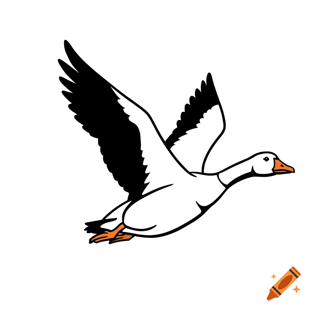 Black and white clip art of a flying goose