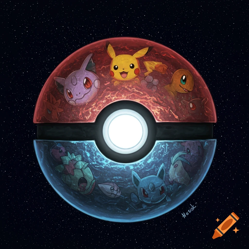 Pokemon characters integrated into a large Pokeball depicted as a planet in space
