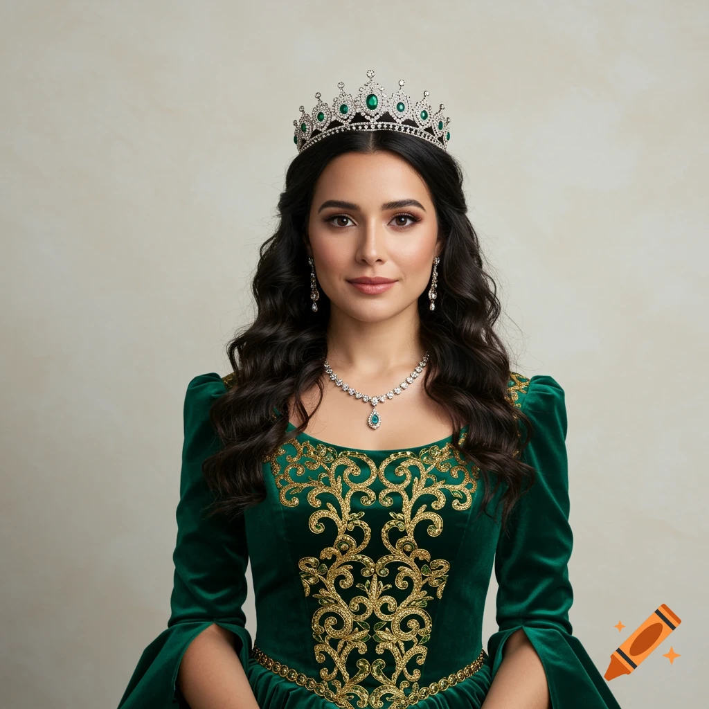 Portrait of a woman in a green velvet dress, tiara, and jewelry