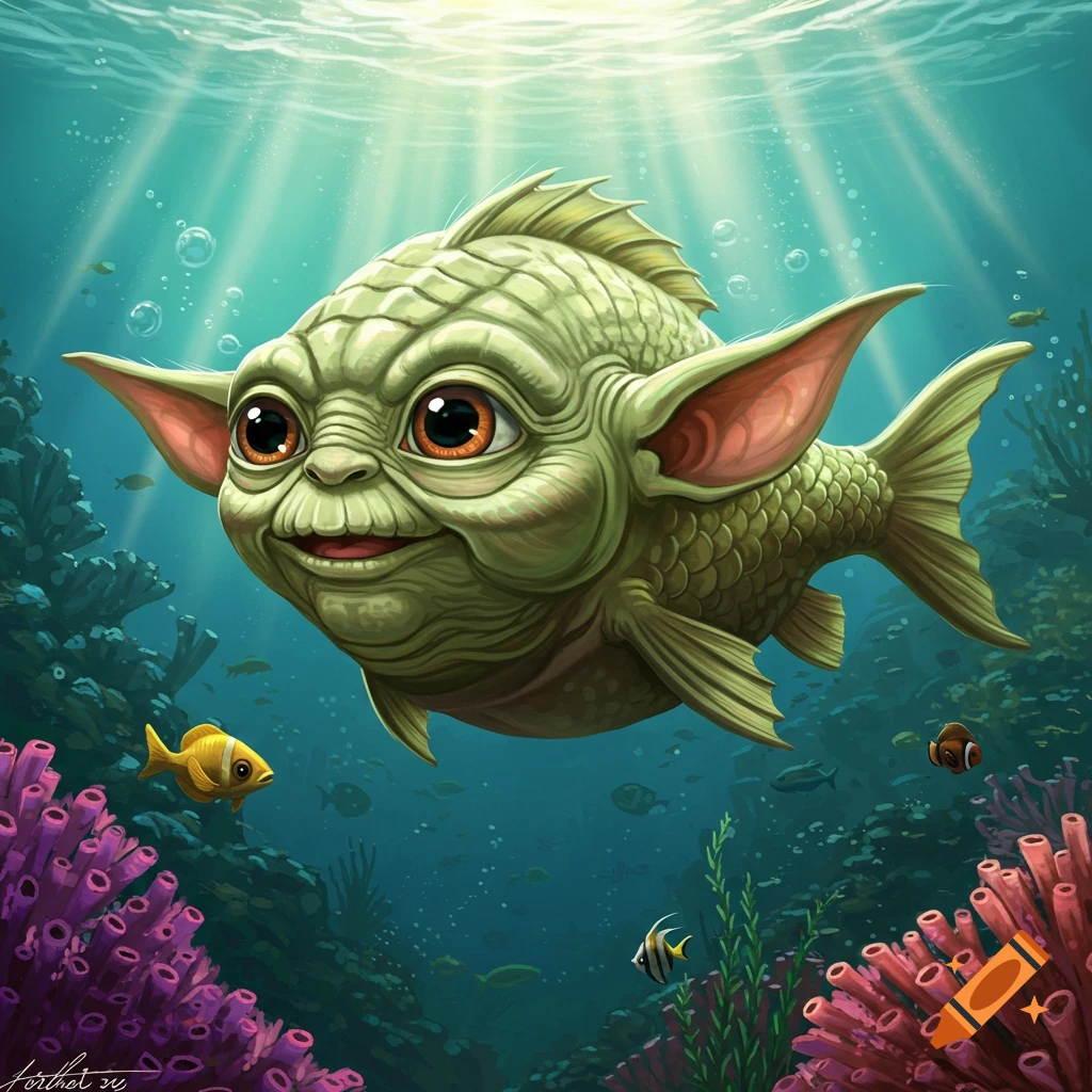Illustration of a green creature resembling Yoda with fish features swimming underwater among coral reefs.