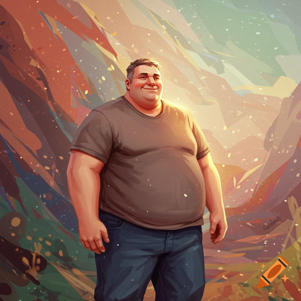 Illustration of a smiling man with a large build standing against a colorful, stylized background.