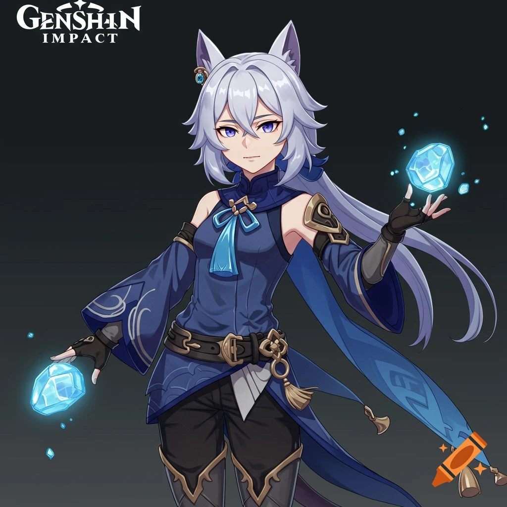 Anime character with grey hair, blue eyes, animal ears, in a blue outfit, holding glowing crystals.