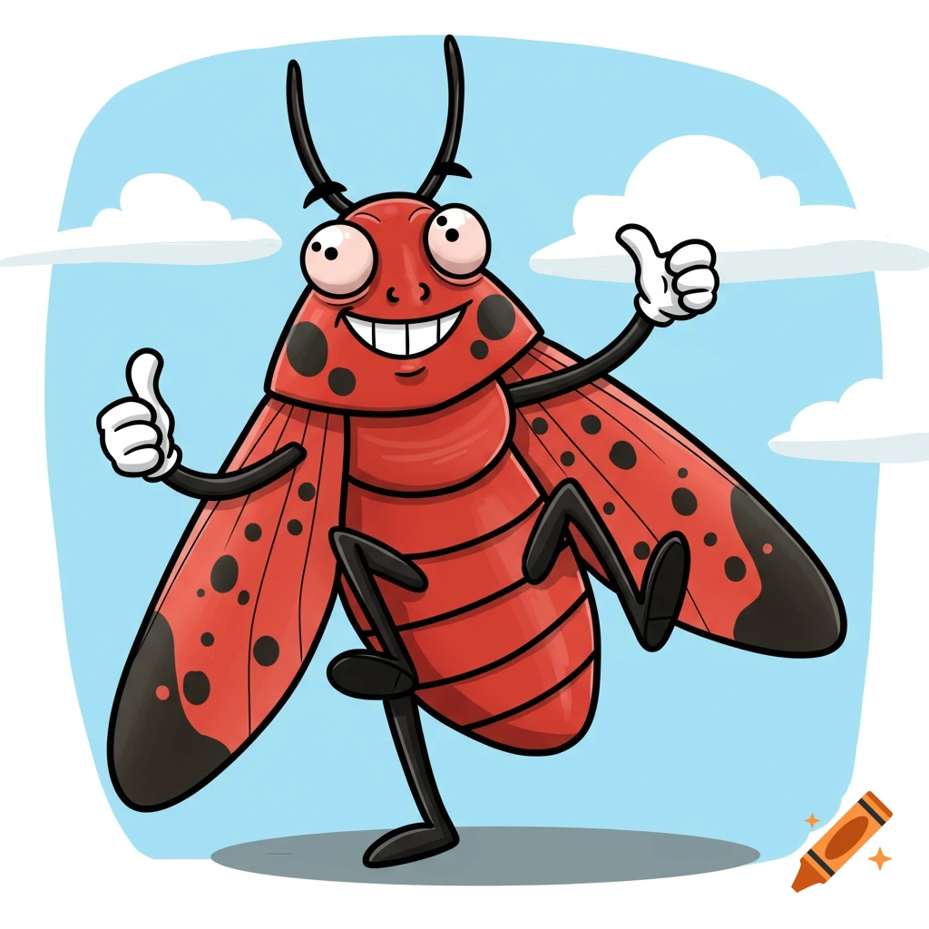 Cartoon spotted lanternfly gives a thumbs up.