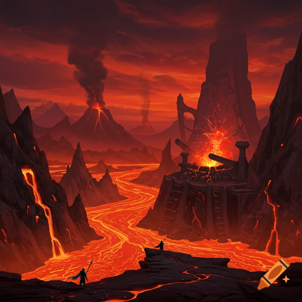 Fantasy landscape of a volcanic region with rivers of lava, mountains, ancient forges, and two figures.