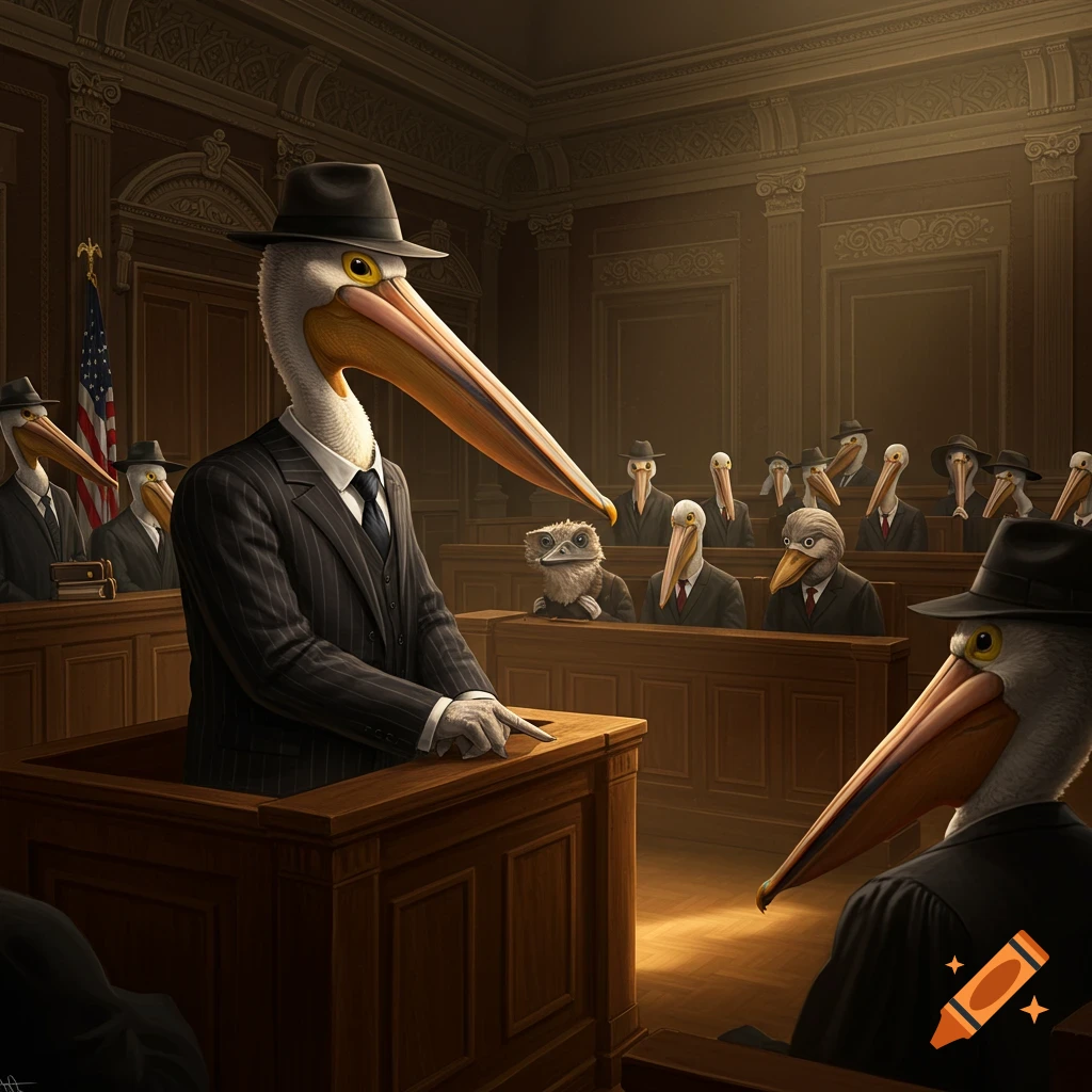 Anthropomorphic pelicans and a bird in suits in a courtroom