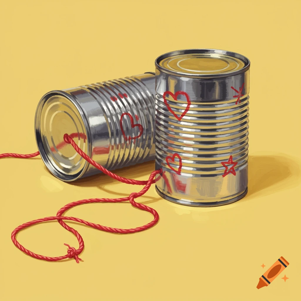 Illustration of two tin cans connected by red string, decorated with red hearts and stars, on a yellow background.