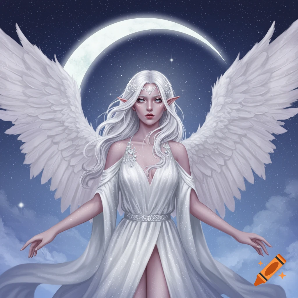 Fantasy illustration of a white-haired angel goddess with large white wings against a starry sky and crescent moon.