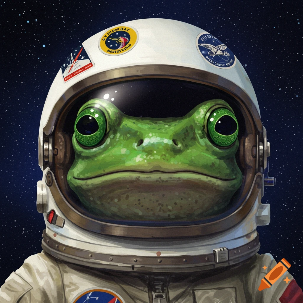 Close-up illustration of a frog wearing an astronaut helmet in space.