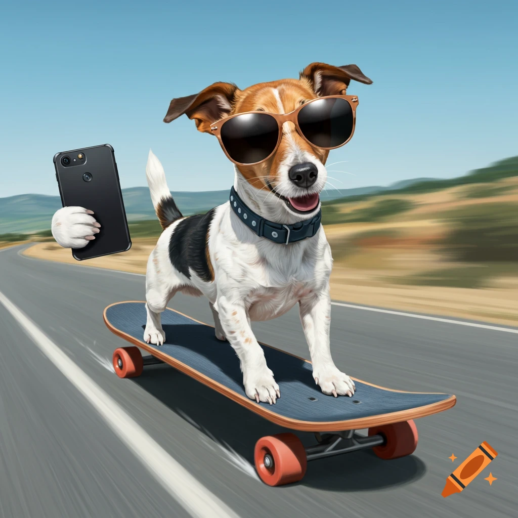 A Jack Russell Terrier dog wearing sunglasses rides a skateboard on a road while taking a selfie with a smartphone.