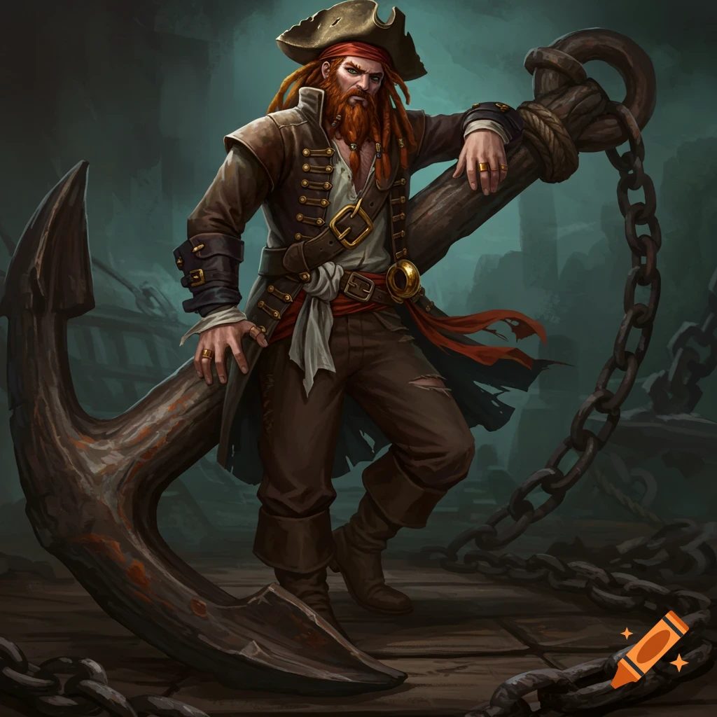 Illustration of a pirate with orange dreadlocks leaning against a large anchor on a ship deck.