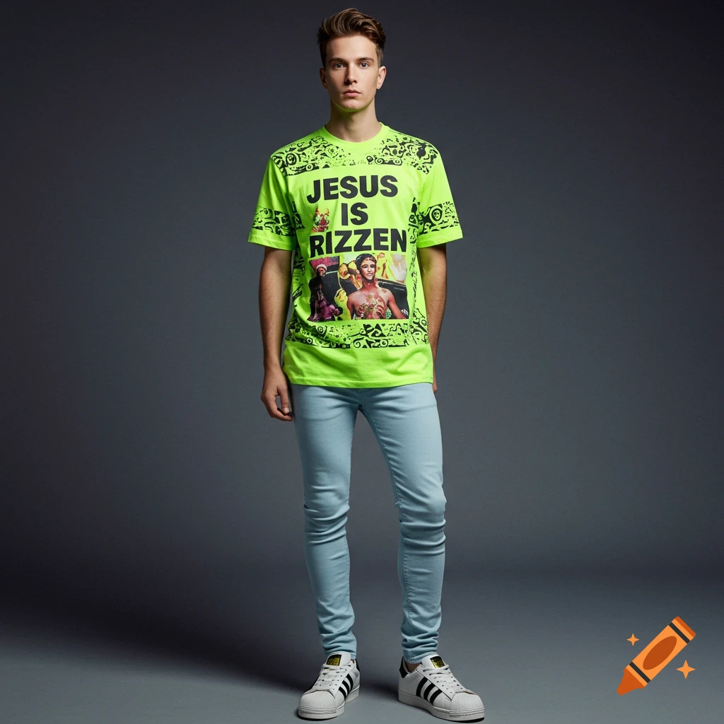 A man wearing a bright green 'Jesus is Rizzen' t-shirt, light blue skinny jeans, and white sneakers poses in a studio.