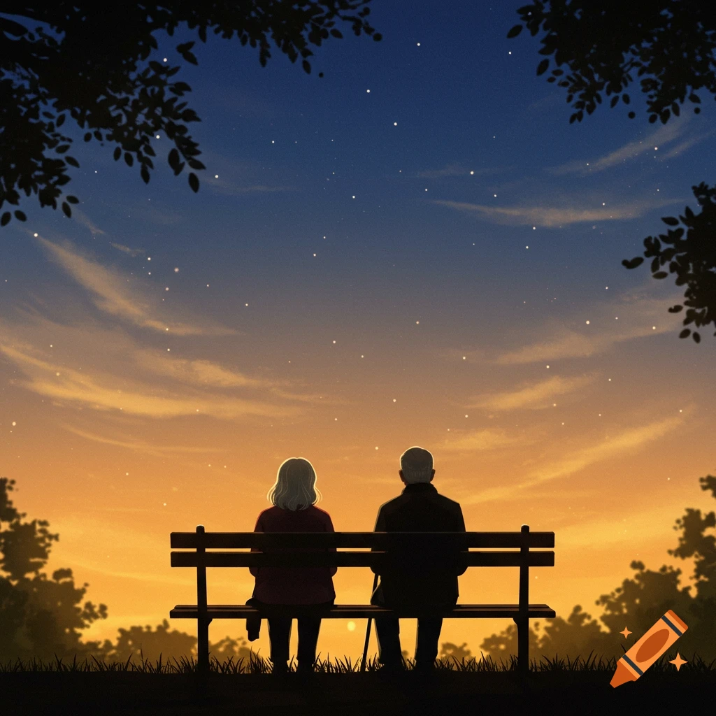 Silhouette of an elderly couple sitting on a park bench watching a starry sunset sky, illustration.