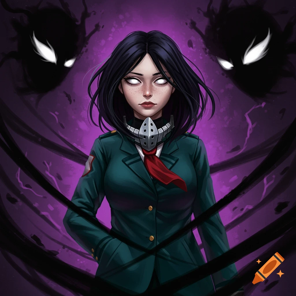 An anime-style illustration of a young woman in a dark green uniform with glowing white eyes, surrounded by dark, shadowy figures against a purple background.
