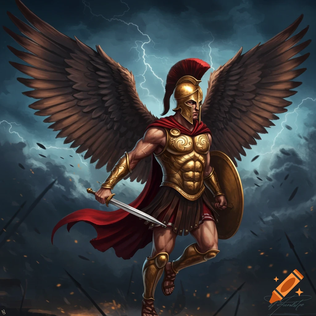 A Spartan warrior with large falcon wings flies through a lightning storm, wearing golden armor and holding a sword and shield.