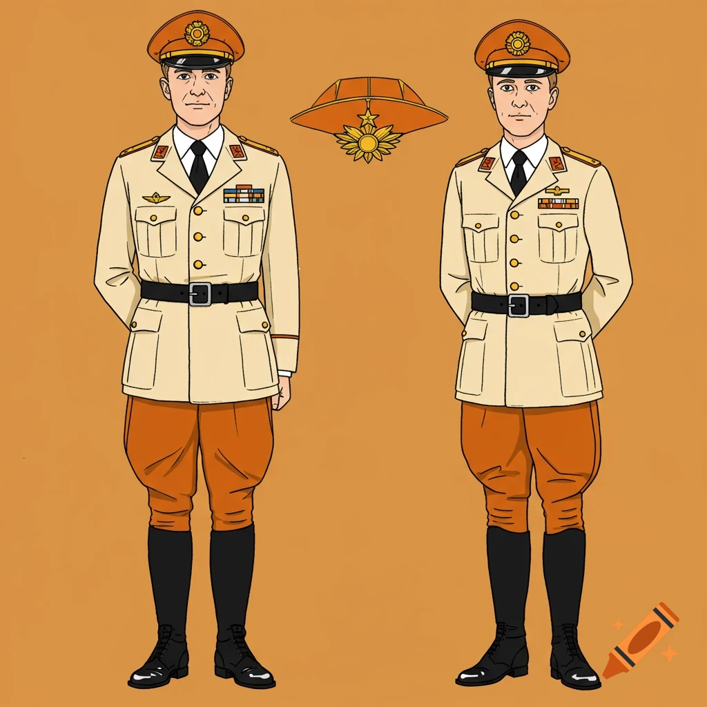 Two stylized figures in light cream orange uniforms, hats, and black belts stand facing forward.