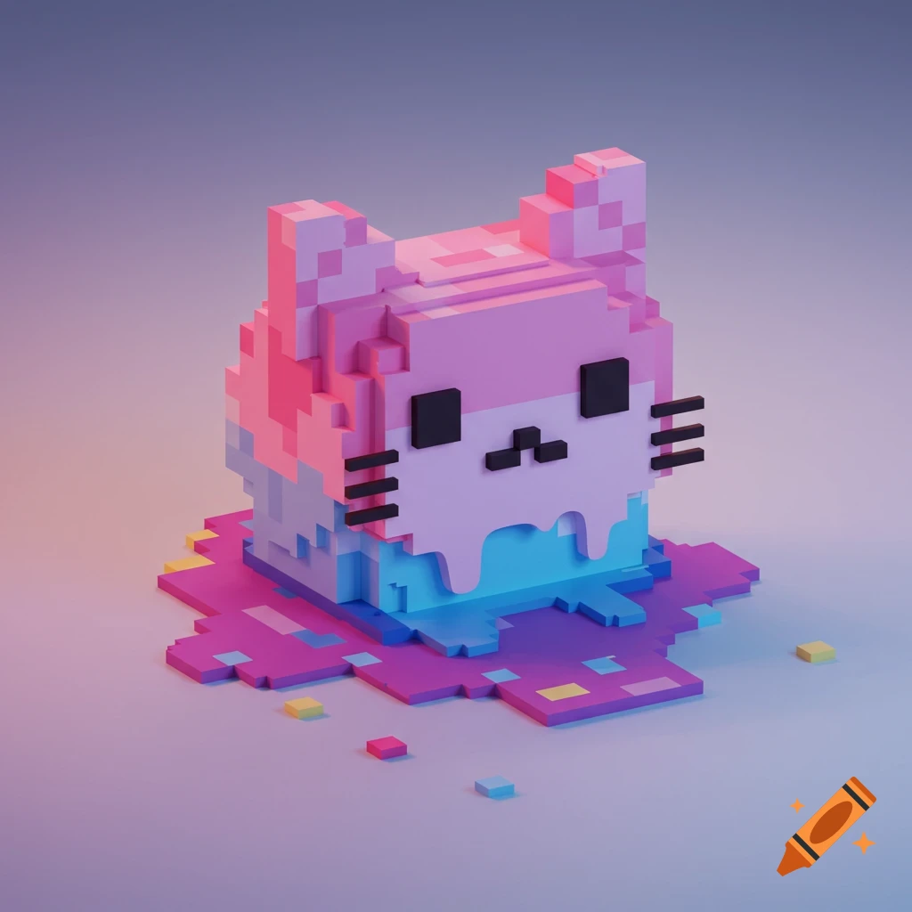 A pixelated cat popsicle melts into a puddle of pink, purple, and blue blocks.