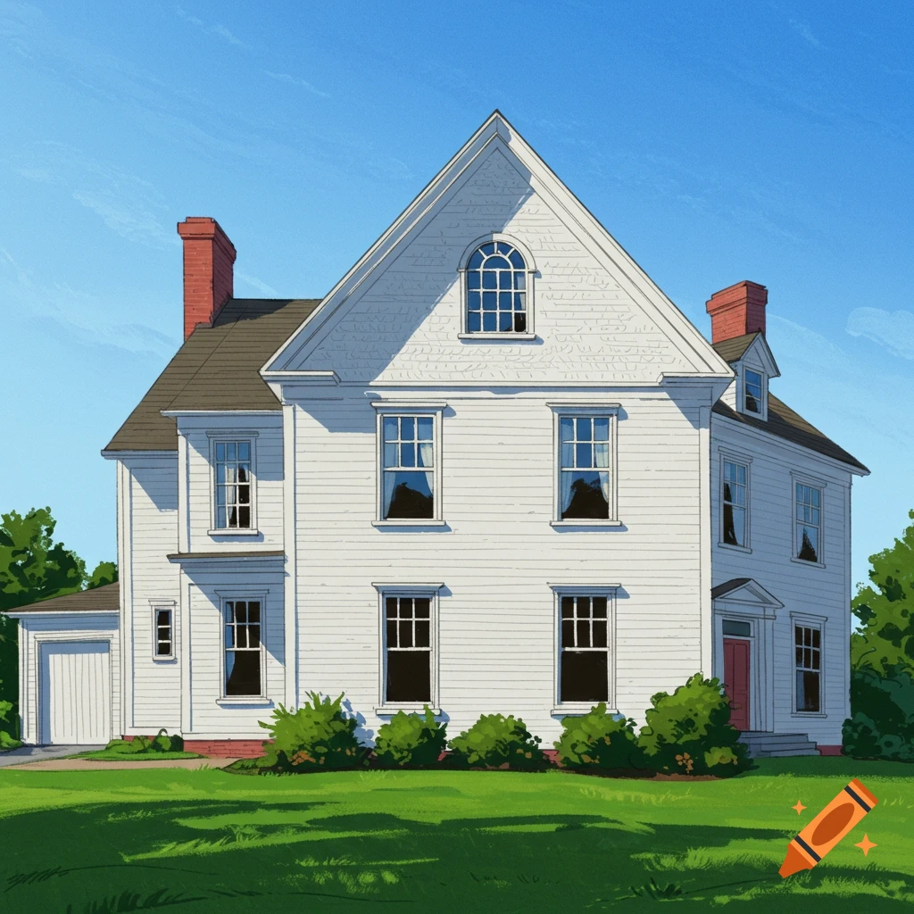 A drawing of a white colonial house with a pointed roof and arched window under a blue sky.