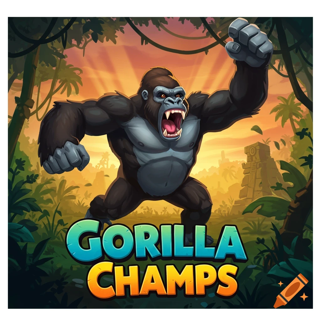 Cartoon gorilla in a jungle with the text Gorilla Champs.