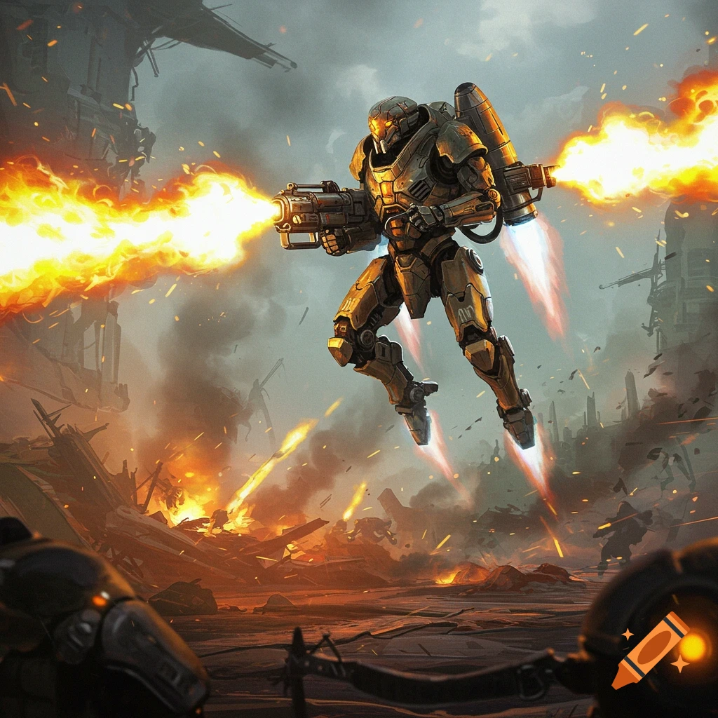 Sci-fi robot with jetpack firing flamethrowers over a ruined city.