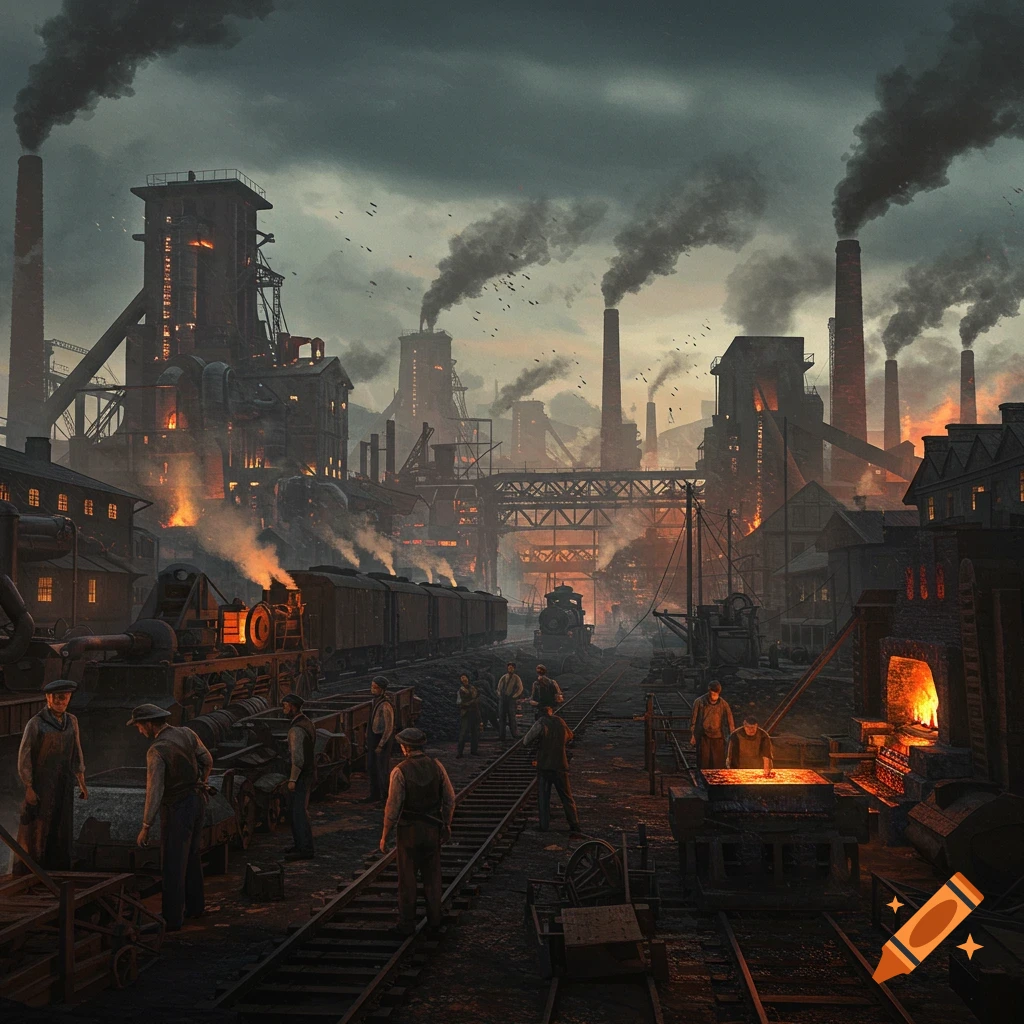An industrial revolution scene with factories, trains, and workers under a smoky sky.