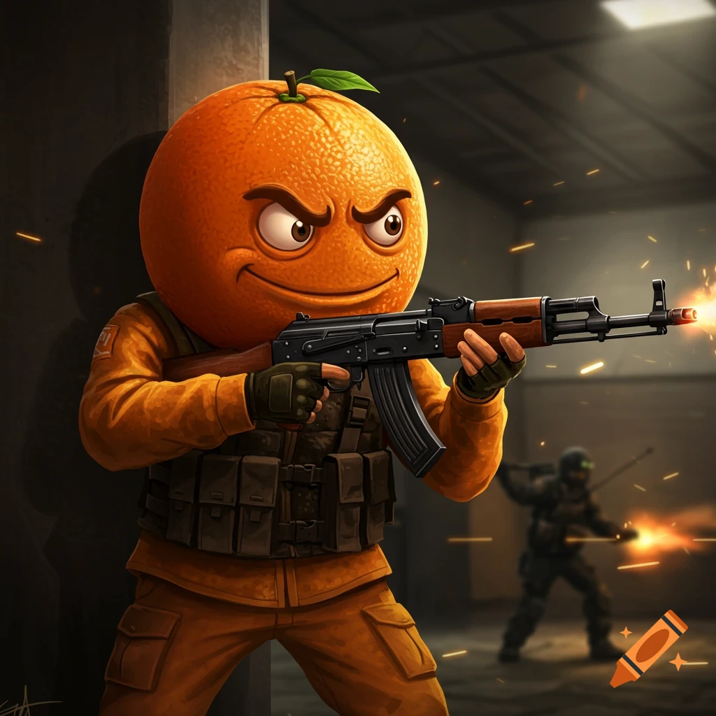 Cartoon orange character in tactical gear holding a rifle in a military setting.