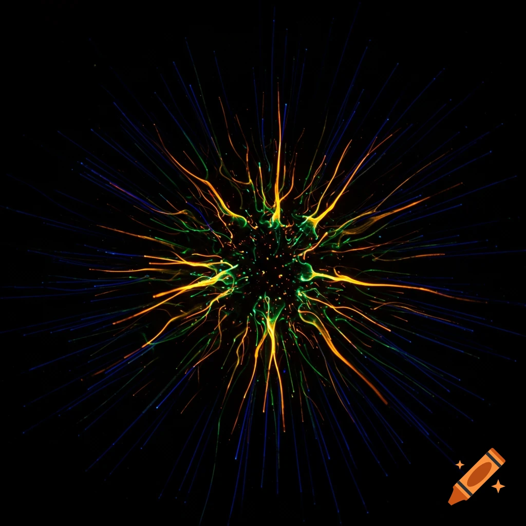 Abstract glowing lines in yellow, green, orange, and blue radiate from a center on a black background.