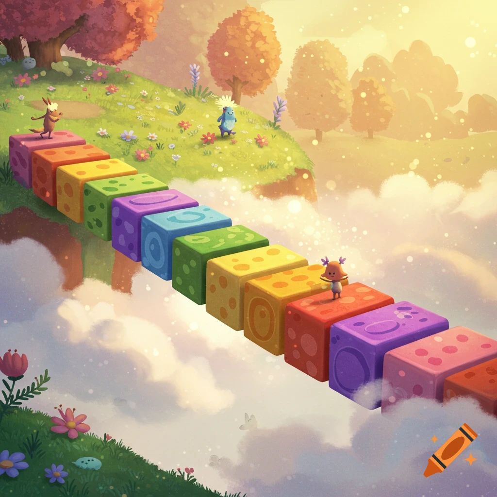 Whimsical landscape with cartoon creatures walking on a path made of colorful blocks floating in the sky.