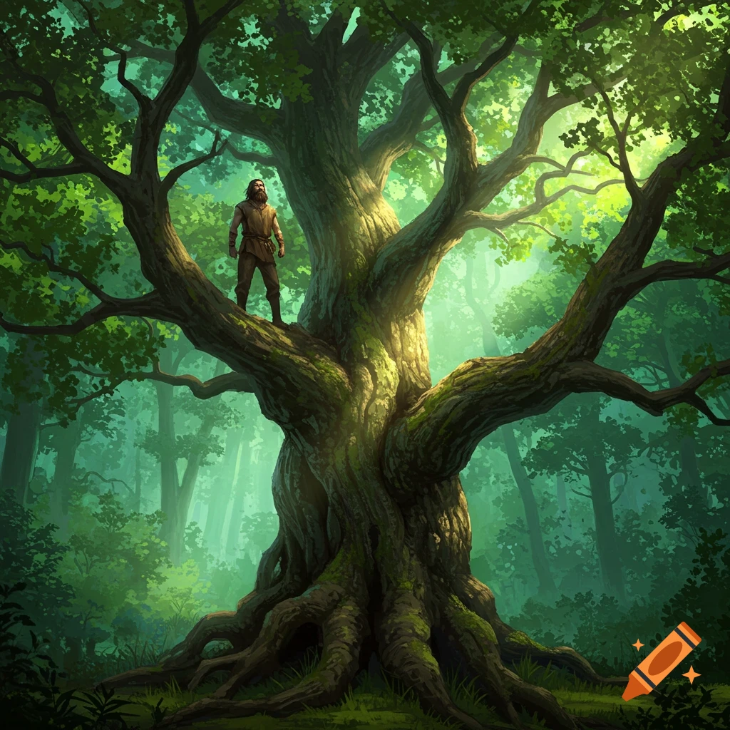 Fantasy art of a man standing on a large tree branch in a dense, sunlit forest.