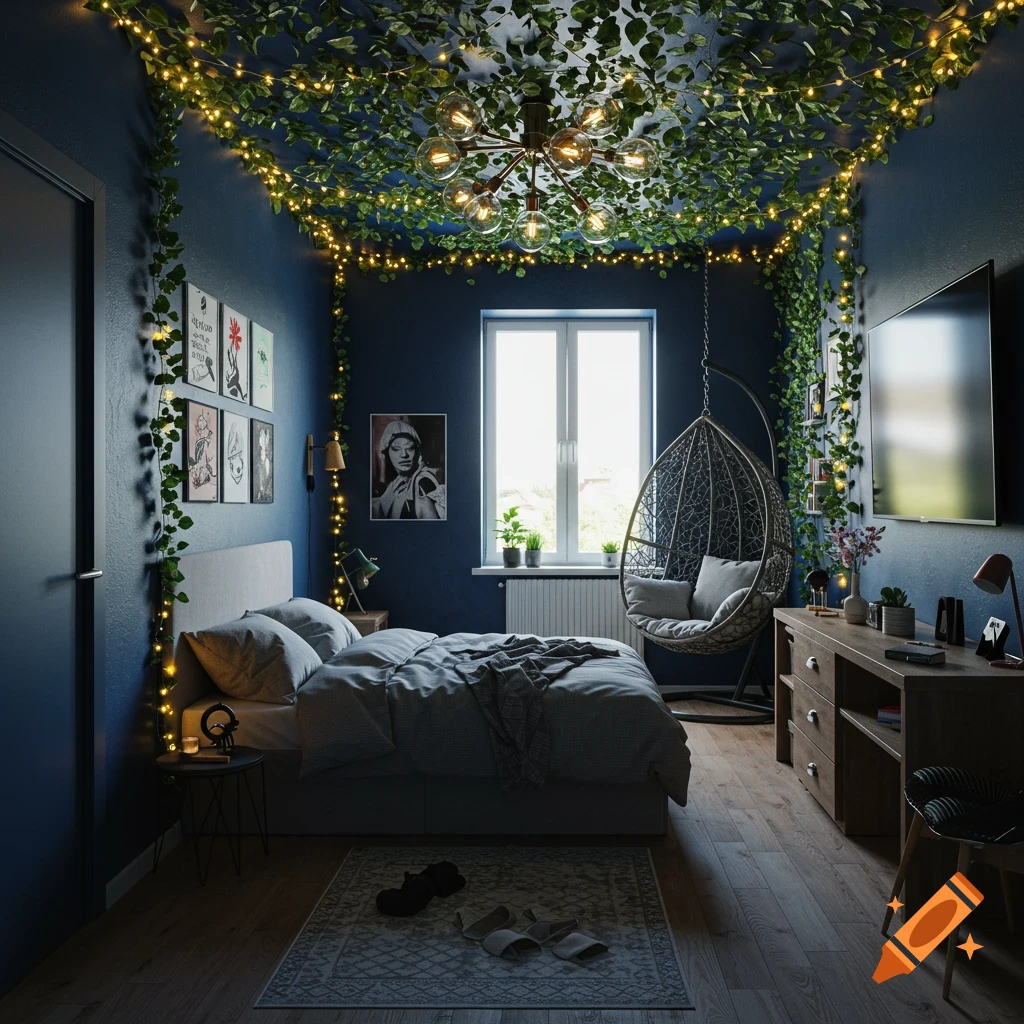 Photorealistic bedroom with navy blue walls, vines, string lights, bed, hanging chair, desk, and TV.