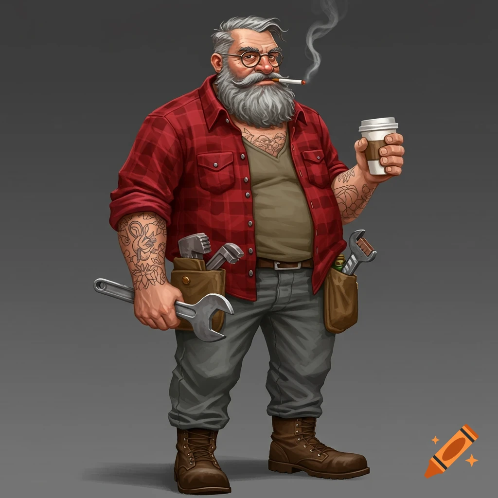 An illustration of a bearded man in a red flannel shirt holding a coffee cup and wrench, smoking a cigarette.
