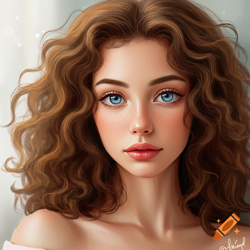 Stylized portrait of a young woman with curly brown hair and blue eyes.