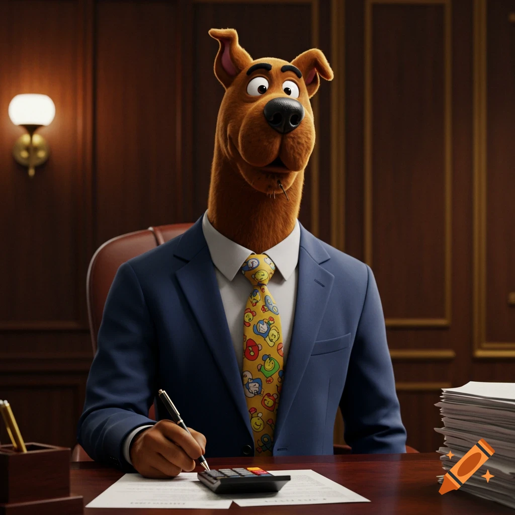 Scooby Doo wearing a suit and tie, sitting at a desk, writing on a document like a banker.
