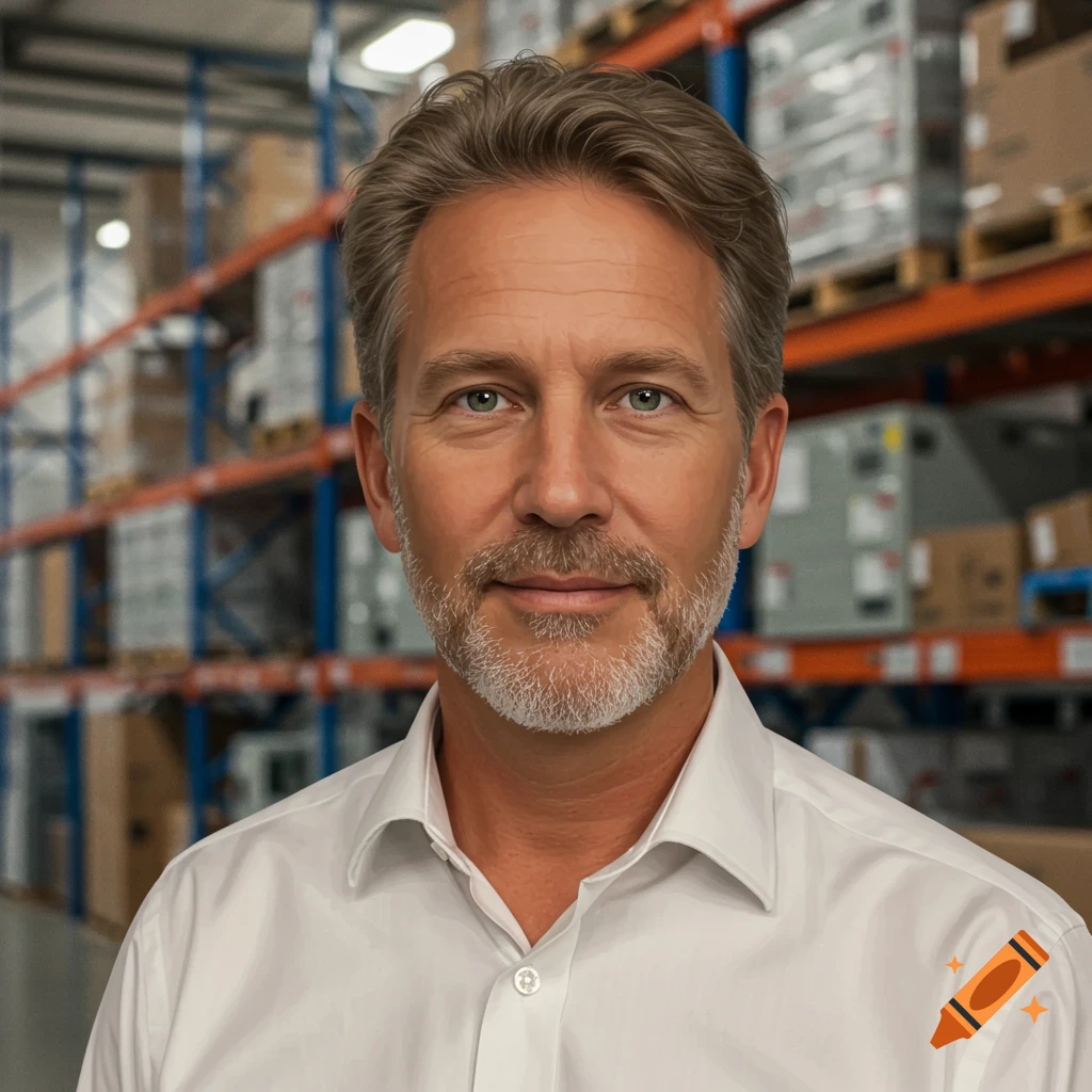 Headshot of a man in a white shirt in a warehouse.